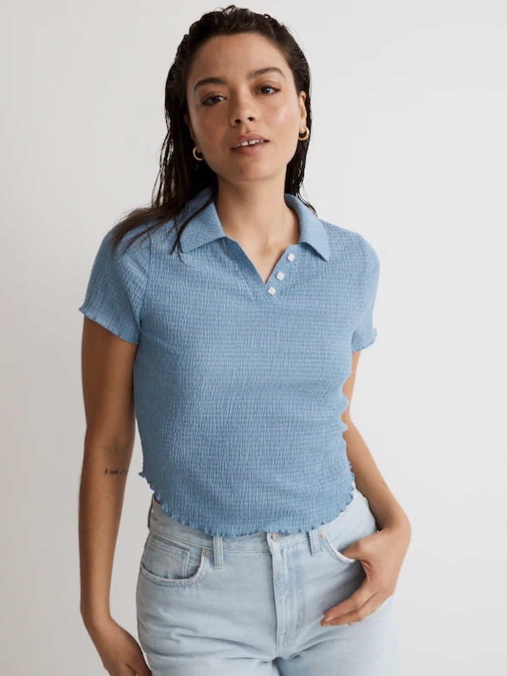 Madewell Brown tan stripe crinkle crop polo tee shirt ruffle button small - Picture 2 of 5